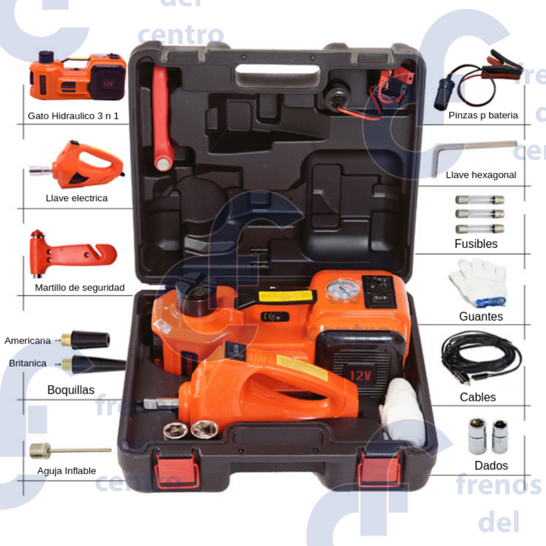 KIT UNIVERSAL DE EMERGENCIA 3 EN 1 COMPRESORA DE AIRE, GATO HIDRAULICO, LLAVE ELECTRICA