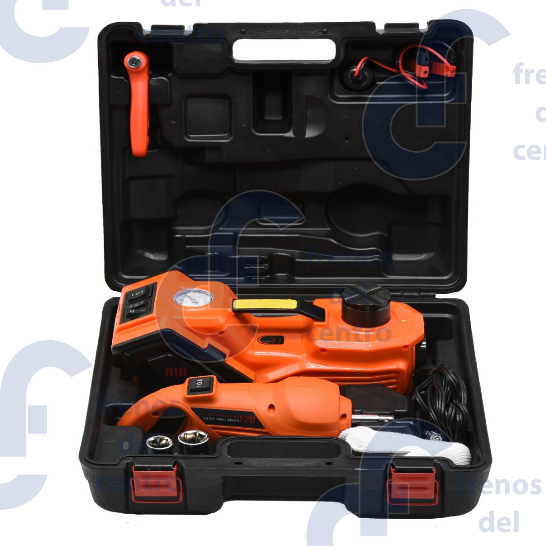 KIT UNIVERSAL DE EMERGENCIA 3 EN 1 COMPRESORA DE AIRE, GATO HIDRAULICO, LLAVE ELECTRICA