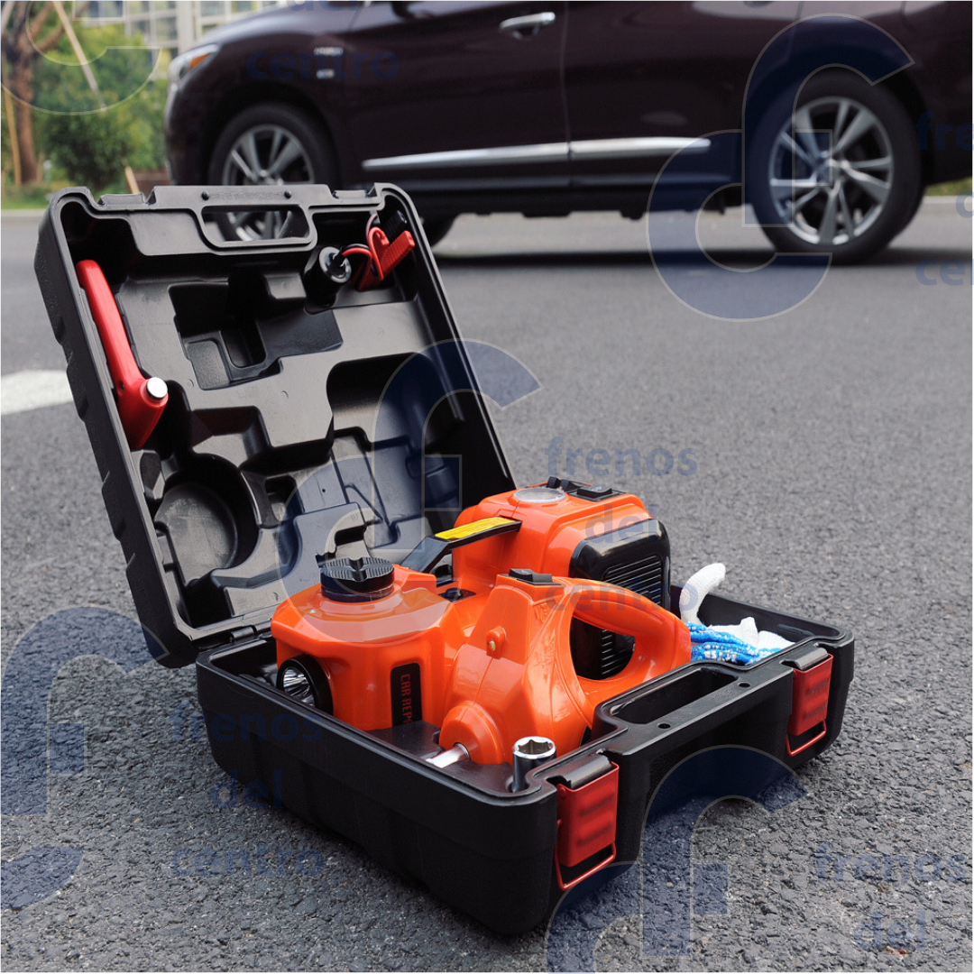KIT UNIVERSAL DE EMERGENCIA 3 EN 1 COMPRESORA DE AIRE, GATO HIDRAULICO, LLAVE ELECTRICA