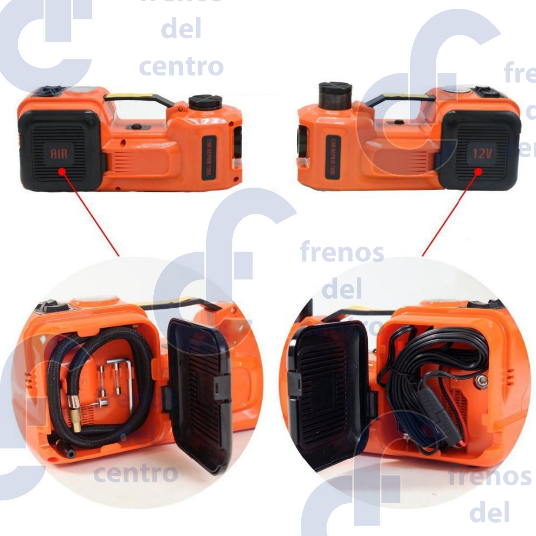 KIT UNIVERSAL DE EMERGENCIA 3 EN 1 COMPRESORA DE AIRE, GATO HIDRAULICO, LLAVE ELECTRICA